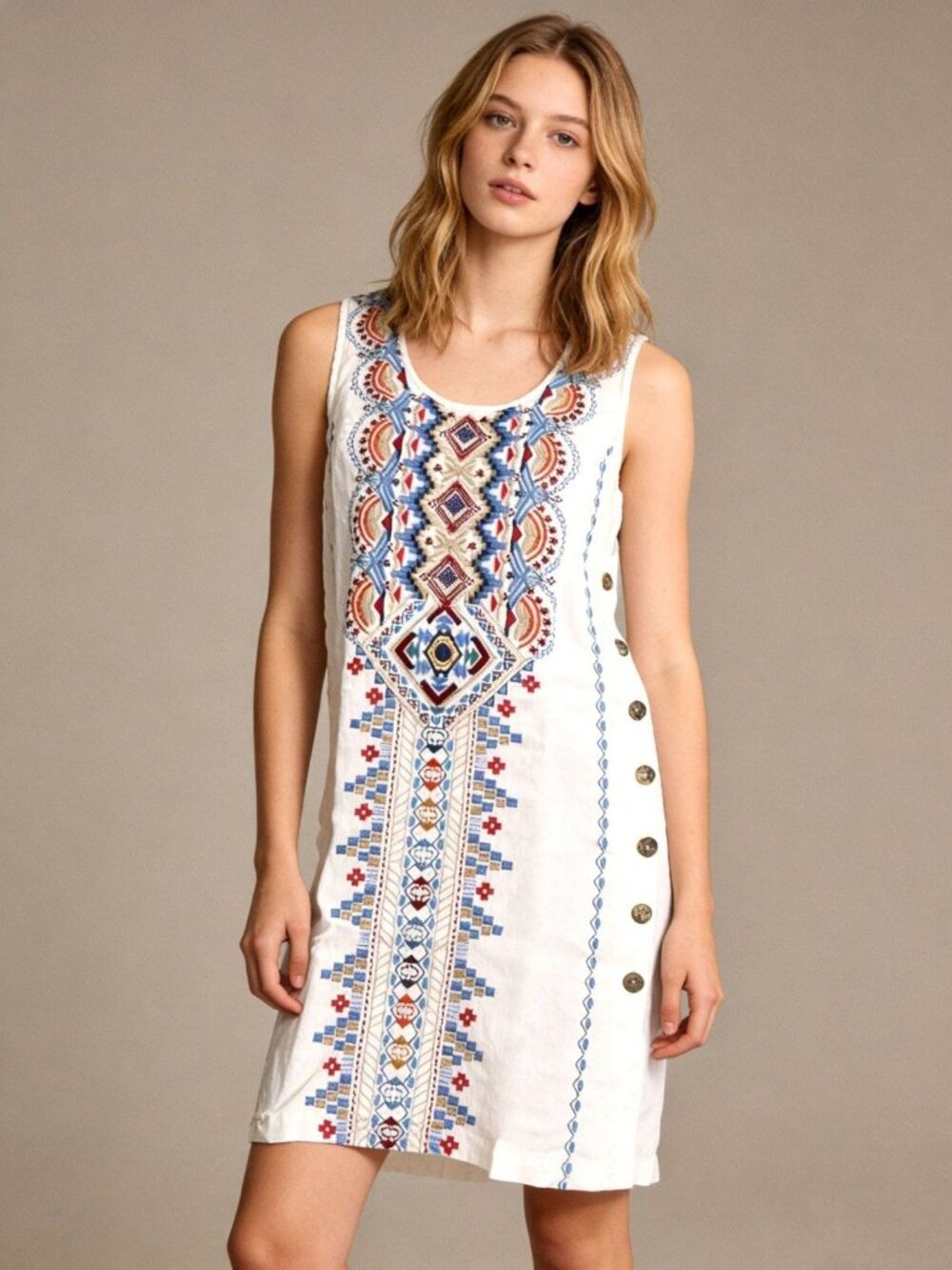 NWOT Johnny Was Linen Floral Embroidered Mini Dress Boho Side Buttons Size S